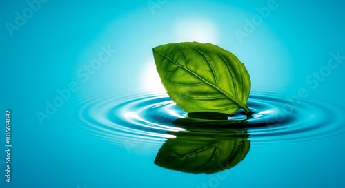 A Green Leaf Balanced on Water Surface Creating Reflections in a Soothing, Calm Scene