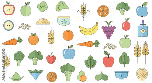 A colorful collection of vector illustrations depicting various fruits, vegetables, and grains arranged in a grid-like pattern on a white background.