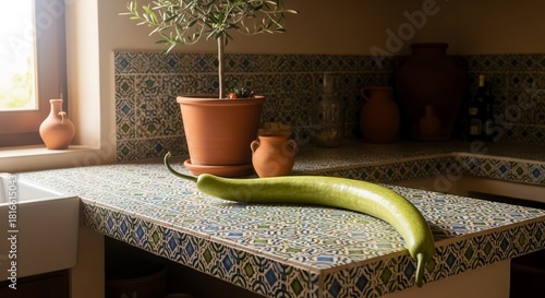 A Green Vegetable Resting on a Beautifully Decorated Kitchen Countertop