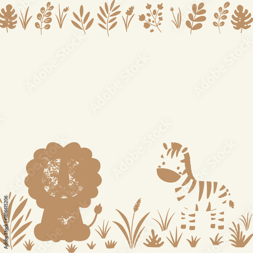 Cute brown lion and zebra illustration with botanical elements, perfect for children's designs or nursery decor.