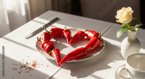 A Heart Composed Of Chilies On A Plate With A Rose Enhancing Table Ambience