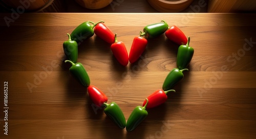 A Heart Composed Of Chilies With Varying Hues Placed on a Wooden Surface