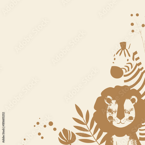 Minimalist illustration of a cute cartoon lion and zebra with tropical leaves and dots on a light beige background, ideal for children's designs.