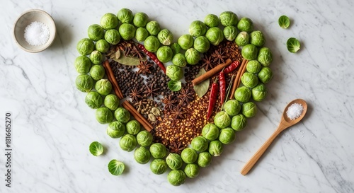 A Heart Composed Of Fresh Brussels Sprouts And Various Spices Displayed