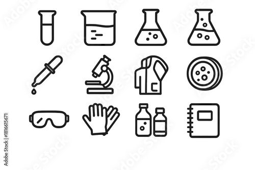 Laboratory Icon Essentials. Laboratory Experiment Essentials linear icon set. test tube, beaker, flask, pipette, microscope, petri dish, safety goggles, gloves, lab coat, Bunsen