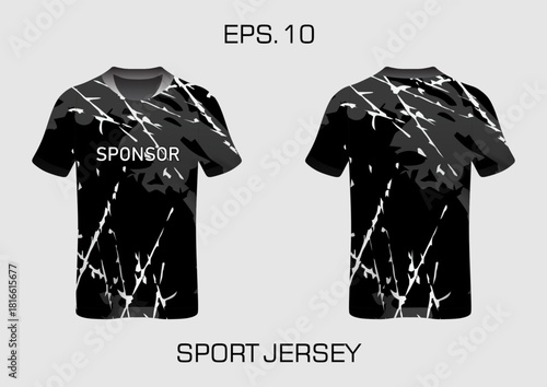 Black Camouflage Sport Jersey Design with Sponsor Text for Team Apparel Use