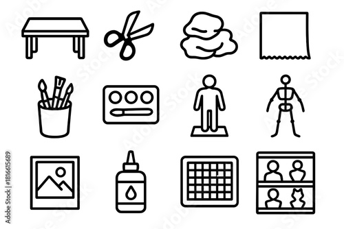 Craft Icon Workshop. Creative Model Workshop linear icon set: craft table, scissors, clay, cardboard sheet, brush jar, color paint, model figure, wire frame, reference photo, craft