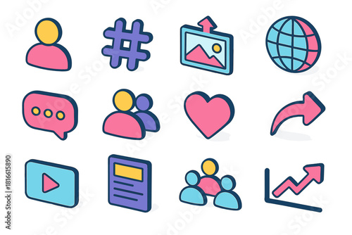 Digital Icons Collection. Online Presence flat icons set. profile avatar, hashtag, photo upload, globe, comment bubble, follower icon, post like, share arrow, video play icon, blog