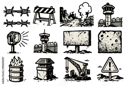 Urban Wasteland Icons. Urban wasteland linear icon set: barbed wire, barricade, deserted street, smoke plume, floodlight, control tower, old billboard, rust texture, burning barrel