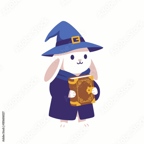 A cute white bunny wearing a blue wizard hat and robe, holding an ornate brown spellbook.