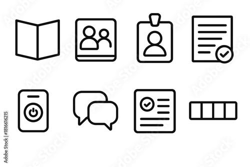 Corporate Onboarding Icons. New Hire Integration Set linear icon set: introduction booklet, training module tile, mentor badge, policy sheet, system login token, communication