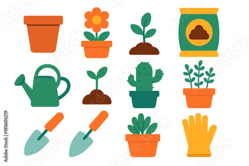 Colorful Gardening Icons. Gardening Pots flat icon set: clay pot, terracotta planter, flower bloom, soil bag, watering can, shovel, small sprout, ceramic pot, cactus, potted herb