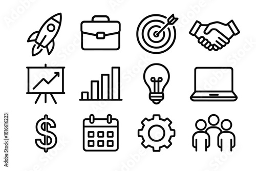 Startup Success Icons. Startup Mentorship linear icon set: rocket, briefcase, target board, handshake, presentation board, bar chart, light bulb, laptop, dollar sign, calendar