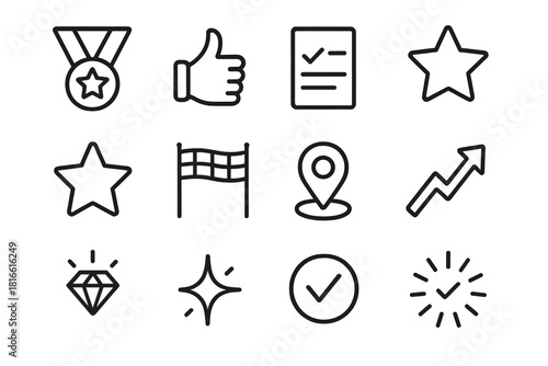 Achievement Icons Collection. Achievement Symbols Collection linear icon set: medal, thumbs-up mark, completed task sheet, progress bar, victory star, finish line, milestone pin