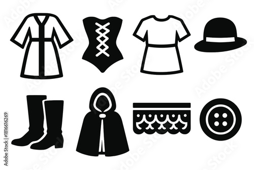 Bold Historical Fashion Icons. Historical Garments silhouette icon set. robe, corset, tunic, hat, boots, cloak, lace trim, button
