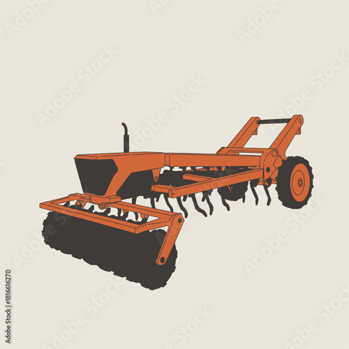 An orange agricultural tractor with a soil tilling and cultivating implement attached, featuring tines and a rear roller, depicted in a simple illustration.