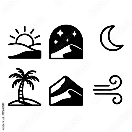 Desert Evening Icons. Evening Desert Scene linear icon set. setting sun, starry sky, palm tree, shadowed dune, moon, cool breeze symbol