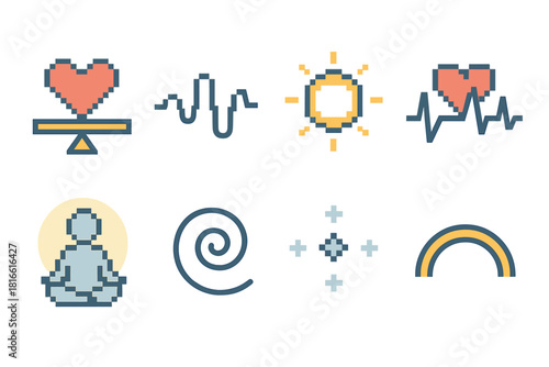 Emotional Stability Icons. Emotional Stability Elements pixel style icon set: heart equilibrium, calm breath line, gentle glow ring, steady pulse, centered figure, soft swirl