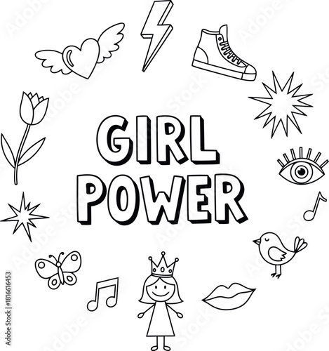 Empowering girl power message surrounded by diverse symbols of strength and joy