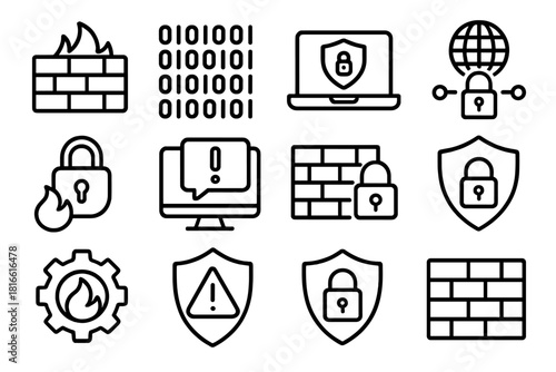 Digital Security Icons. Digital Defense linear icon set: firewall wall, binary background, secure laptop, network security icon, lock and flame, intrusion detection, alert bubble