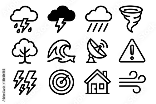 Severe Weather Icons. Severe storms linear icon set: dark cloud, lightning bolt, rain, tornado, tree, wave, satellite, alert symbol, thunder, radar, house, wind gust