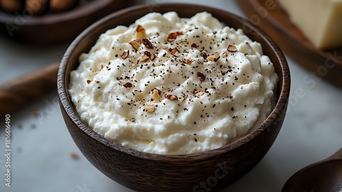 Fototapeta Naklejka Na Ścianę i Meble -  Creamy cottage cheese in wooden bowl topped with freshly ground pepper and red spice flakes, served as healthy protein-rich breakfast or snack.