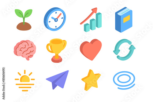 Isometric Growth Icons. Continuous Growth flat icons set. plant sprout, clock, upward graph, book, brain, trophy, heart, arrow loop, rising sun, paper plane, star, ripple