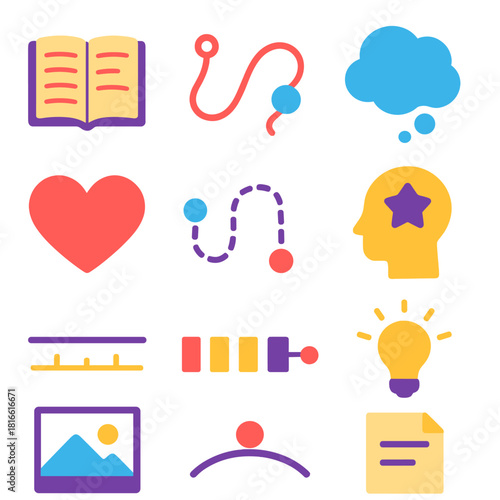 Personal Narrative Icons. Personal Narratives Elements Set flat icon set: open journal, story thread, reflection bubble, memory icon, soft heart, path line, timeline strip, idea