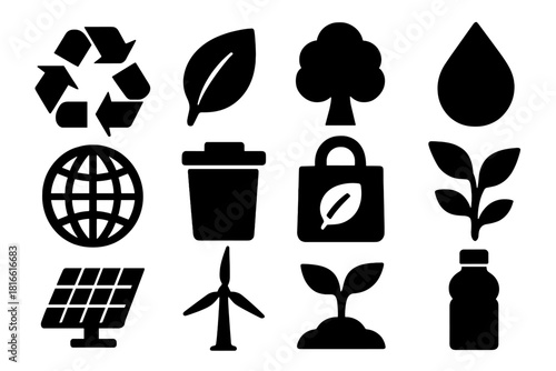 Bold Eco Icons. Environmental Recycling silhouette icon set. recycling symbol, leaf, tree, water droplet, globe, trash bin, eco bag, plant, solar panel, wind turbine, seedling
