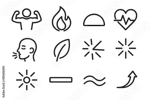 Resilience Icon Set. Labor Day Personal Resilience Symbols linear icon set: empowered figure, calm flame, grounded arc, strong heartbeat, mindful breath icon, resilient leaf