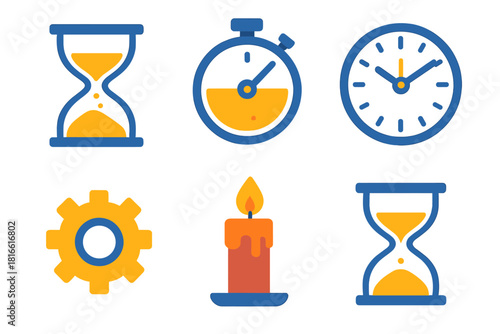 Minimalist Time Icons. Hourglass Ticking set flat icon set: Hourglass, Sand, Timer, Clock, Gear, Candle