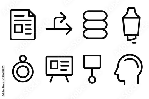 Educational Icon Set. Knowledge Building Forms linear icon set: study sheet, logic arrow, concept stack, highlight marker, recall bead, lesson panel, guided cue, thinking arc