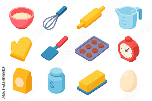 Isometric Baking Icons. Baking Essentials flat icons set. mixing bowl, whisk, rolling pin, measuring cup, oven mitt, spatula, cookie sheet, timer, flour bag, sugar jar, butter