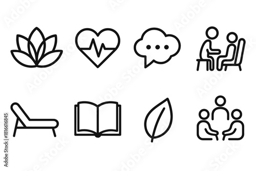 Wellness Icons Collection. Wellness Network linear icon set. lotus flower, heart pulse, cloud chat, counseling icon, therapist chair, open book, leaf symbol, support group