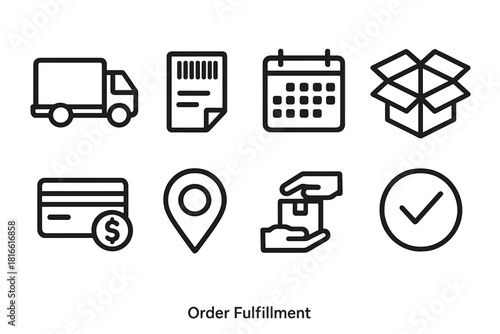 Order Fulfillment Icons. Order Fulfillment linear icon set: delivery truck, shipping label, calendar, open box, payment icon, map pin, handoff, checkmark