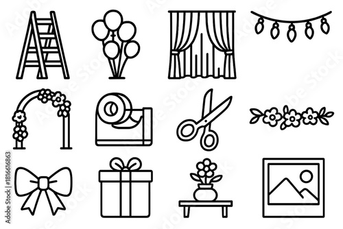 Event Setup Icons. Event Decoration Setup linear icon set. ladder, balloon stand, backdrop curtain, light string, decorative arch, tape dispenser, scissors, floral garland, bow tie