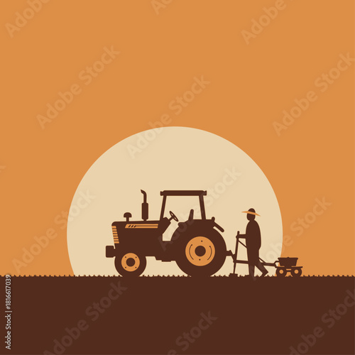 Silhouette of a farmer with a tractor working in a field at sunset or sunrise, depicting agricultural labor and rural life.