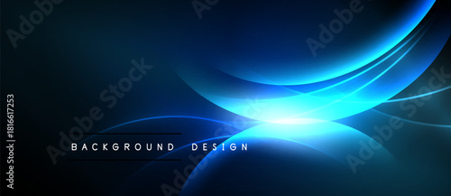 Dark blue abstract background. Bright light radiates from center, creating dynamic curves, smooth gradients. Modern design element.