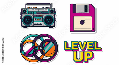 Retro Tech Stickers: Boombox, Floppy Disk, and Level Up