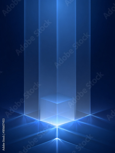 A neon blue cube floats in a dark 3D space, emitting bright light beams through a grid pattern, creating a futuristic, abstract, and cyber aesthetic.