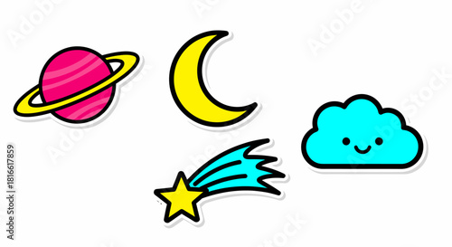 Cute Space and Sky Icons: Planet, Moon, Comet, Cloud