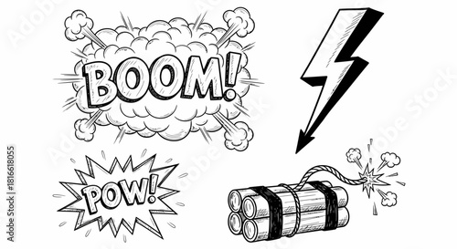 Comic Book Explosion Elements: Boom, Pow, Dynamite, Lightning