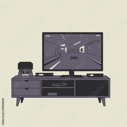 A minimalist illustration of a modern gaming setup with a TV, console, and controller on a media cabinet.