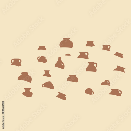 Brown abstract pottery shards scattered on a light beige background, resembling ancient ceramic fragments.