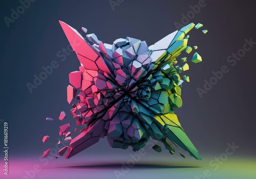 Complex geometric forms shattered into discontinuous pieces, creating a dynamic, brightly colored visual structure of intense deconstruction and chaotic energy ,shape ,structure ,separation