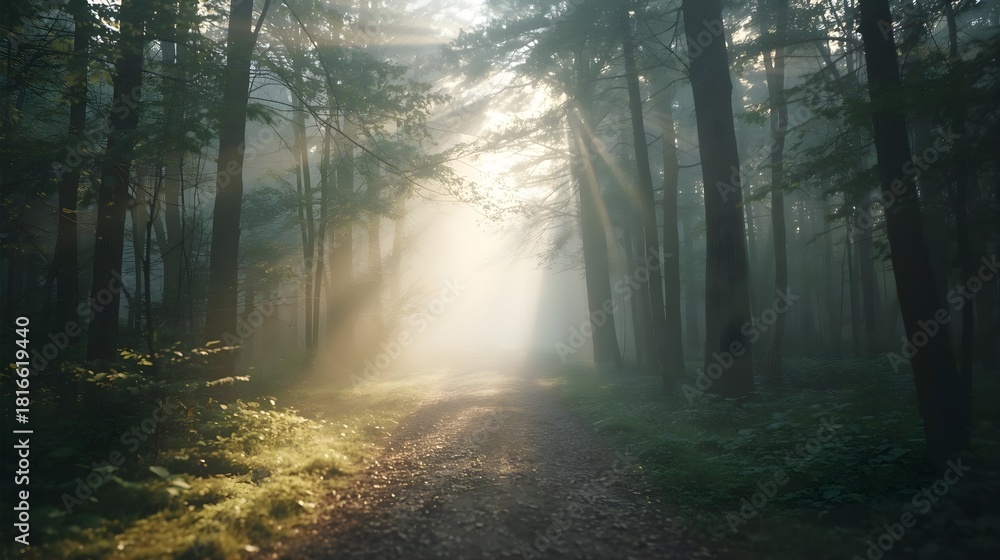 Naklejka premium High-Key Forest Path Fading into White Mist