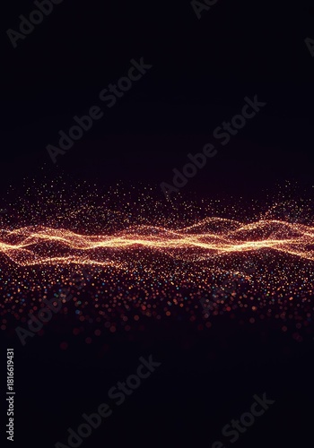 Dynamic abstract visualization of energetic flowing light particles creating a wave pattern across a deep, dark space ,dynamic ,fluid ,orange