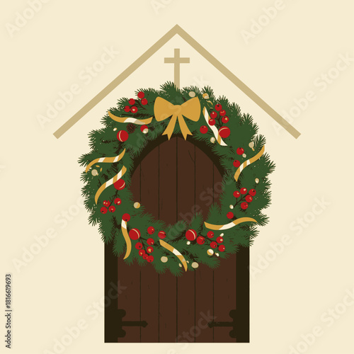 A festive Christmas wreath with red berries and gold ribbons hanging on a wooden church door with a cross on the roof.