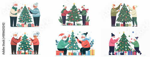Grandpa and Grandma decorate the Christmas tree. Vektor, design, minimalist, illustrations, set icon