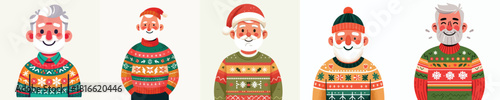 Grandpa wearing a Christmas knitted sweater. Vektor, design, minimalist, illustrations, set icon